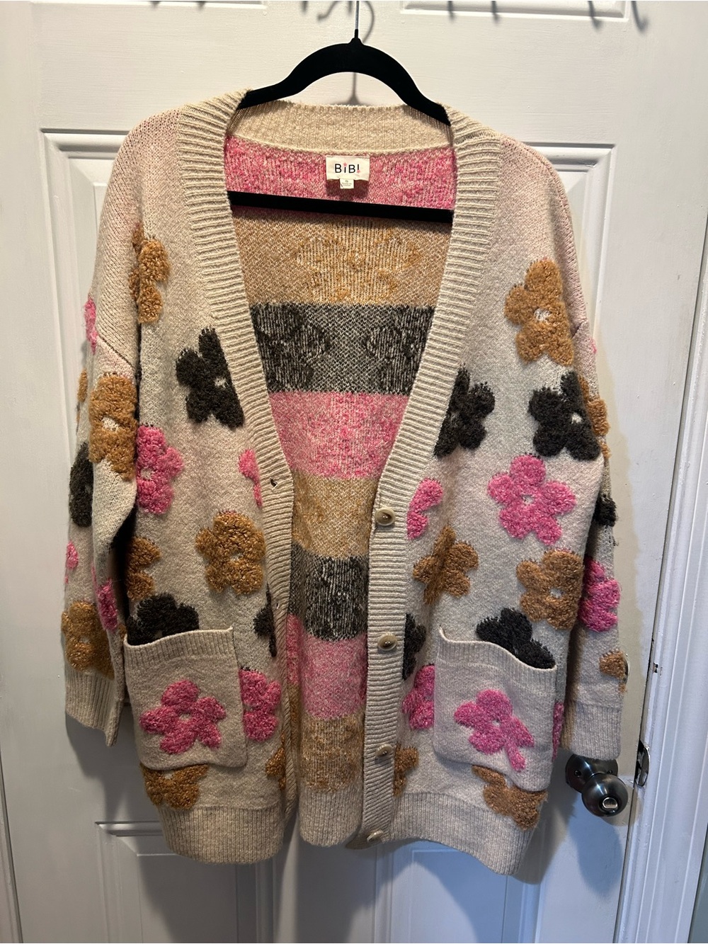 BiBi Floral Chunky Cardigan in Beige, Pink & Brown Accents
